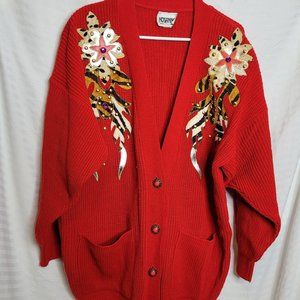 Vintage Cardigan Red Applique Embellishment Animal Print Leaves Bling Size Large